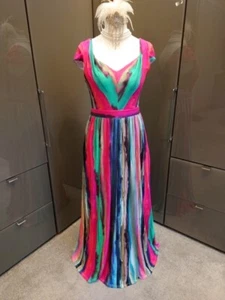 Phase Eight Long Multi Dress 12 Vibrant Pink Green Blue Occasion Stripe Stretch - Picture 1 of 13