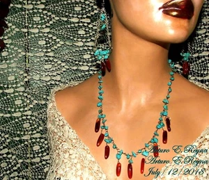 ARTURO E.REYNA TRIBAL NATURAL TURQUOISE & CARNELIAN WIRE CONNECTED NECKLACE SET - Picture 1 of 5