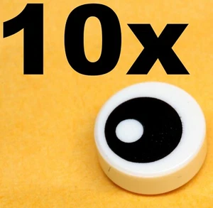 NEW LEGO - Tiles - Round 1x1 - Decorated - Eye Black w/ Pupil Pattern White x10 - Picture 1 of 1