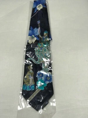 Leonard Men Tie 100% Silk Emperor Ancient China Flora ~ Navy/Ivory ~ 55" X 3.75" - Image 1 of 2