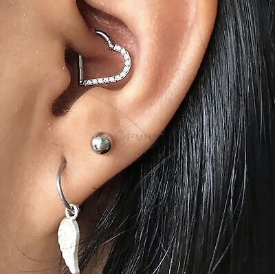 Titanium Daith Piercing Heart Crystal Septum Clicker Cartilage Tragus Earrings • 4.99£
