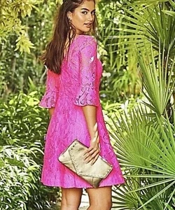 Lilly Pulitzer Allyson Pink Tropics Floral Lace Tie Neck Mini Lined Dress Size 4 - Picture 1 of 6