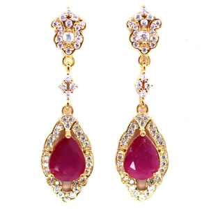 925 Sterling Silver 7 x 9 MM. Red Ruby & White Zircon Earrings 18K Gold Plated - Picture 1 of 4