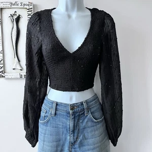 HYFVE Black Sequin Smocked Sheer Balloon Sleeve V-neck Cropped Top Size M - Picture 1 of 11