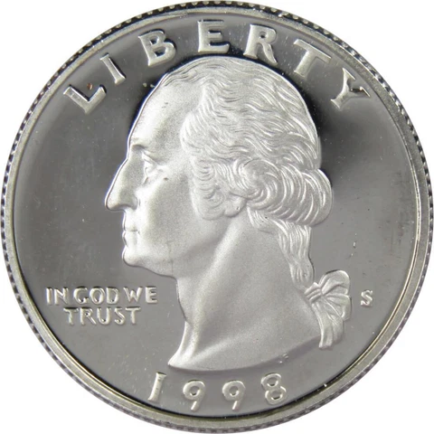 1998 S Washington Quarter Choice Proof 90% Silver 25c US Coin Collectible Cover