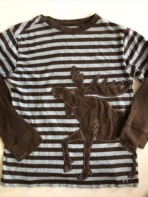 Crazy 8 Gymboree Moose Stripes Boys L 10 12 Long Sleeve Applique Shirt FLAWS - Image 1 of 4