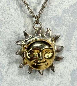 Necklace Gold Tone Sun Face Pendant Magnetic Locket on 30 Inch Cuban Link Chain - Picture 1 of 10