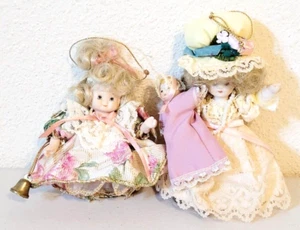 2 Vintage Porcelain Plush Dolls Mini Tree Topper Ornaments 4" - 6" - Picture 1 of 7