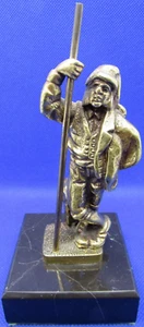 Man Holding Staff Pole Gold Toned Brass Bronze Figurine Sculpture on Marble RARE - Picture 1 of 6