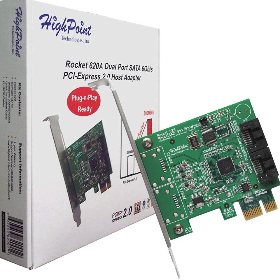 HighPoint Rocket 620A (2 Channel) Dual Port SATA 6Gb/s PCI-E x1 Low Profile Host - Image 1 of 3