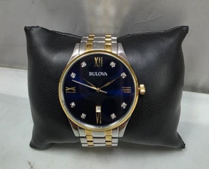 Bulova Blue Dial Daimond Accent Stainless Steel Men's Watch - 98D130 - Picture 1 of 8