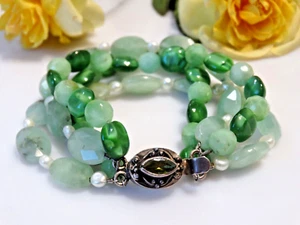 LOVELY VINTAGE STERLING SILVER 925 GREEN MOSS AGATE PEARL PERIDOT MULTI BRACELET - Picture 1 of 7