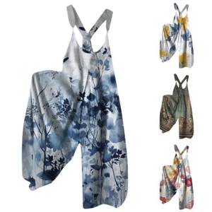 Women Loose Retro Floral Playsuits Wide Leg Pants Romper Overalls Jumpsuits - Picture 1 of 16