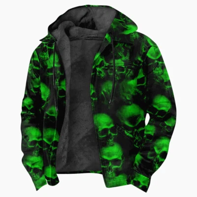 Men's Green Skulls Print Fleece Lined Hoodie Sweater Winter Zip Jacket Warm - Image 1 of 3