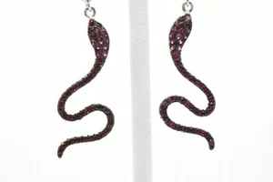 925 Sterling Silver Black Platinum Red Ruby Snake Dangle Dainty Hoop Earrings - Picture 1 of 4