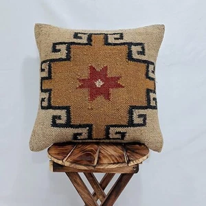Indian Handmade 18X18 in Vintage Cushions Kilim Pillow Jute Cushion Cover Throw - Picture 1 of 8