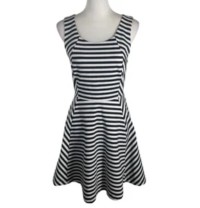 Express Fit & Flare Dress Womens Small Black White Striped Back Keyhole Button - Picture 1 of 17