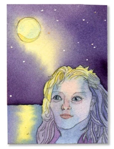 Collectable ACEO original watercolour full moon reflection woman Ellen Morrow - Picture 1 of 2