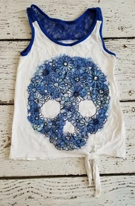 JUSTICE 8 Girls Skull Floral Gemstones Lace Tank Top White Blue GUC - Picture 1 of 5