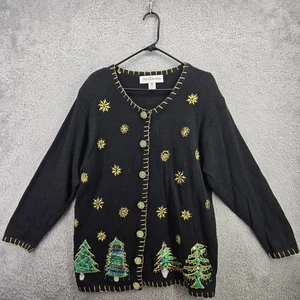 Vintage Christmas Cardigan Womens XL Cottagecore Beaded Christmas Trees - Picture 1 of 19