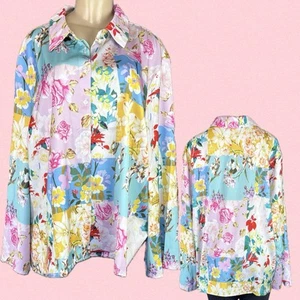 New York & Company +3X Satin Pink Pastel Floral Button Collar Long Sleeve Shirt - Picture 1 of 6