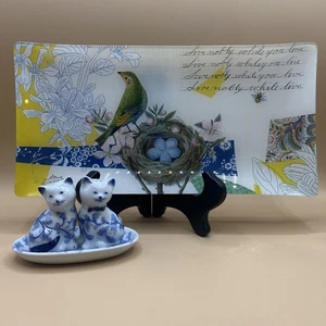 Shaker sale/pepe gatto vintage porcellana blu e bianco con vassoio e vassoio in vetro - Foto 1 di 12