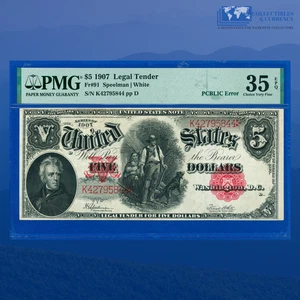 Fr.91 1907 $5 "WOODCHOPPER" Legal Tender Note PCLIC ERROR, PMG VF 35 EPQ #95844 - Picture 1 of 3