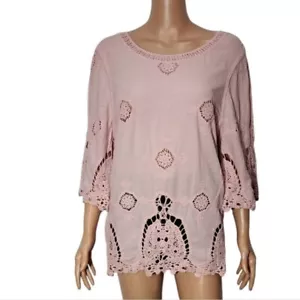 Lapis Top Womens Size Medium Boho Floral Embroidered Pink Cottage Gauzy Peasant - Picture 1 of 11