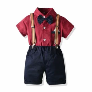 Conjunto de ropa 2 piezas camisa a rayas rojas formal de boda para bebés niños + correas pantalones cortos - Imagen 1 de 11
