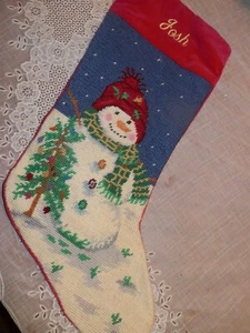 Vtg Lillian Vernon Wool Needlepoint Christmas Stocking Velvet "Josh" Snowman - Picture 1 of 3
