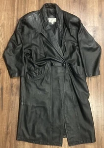 Vintage John Weitz Womens Black Leather Trench Coat Jacket Size L Mid Length - Picture 1 of 5