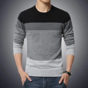 Men's Sweater O-Neck Striped Slim Fit Knittwear Mens Sweaters Pullovers Jumper - Picture 1 of 16