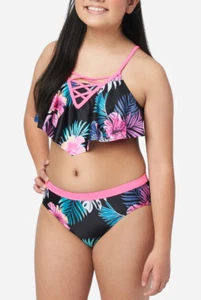JUSTICE Girls Swimsuit Tankini Bikini Ruffle Swim PLUS SIZE  12 14  Black floral - Picture 1 of 4
