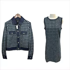 Ann Taylor Tweed Fringe Houndstooth Denim Jacket Skirt 2 Piece Set Sz 4 NWT - Picture 1 of 16