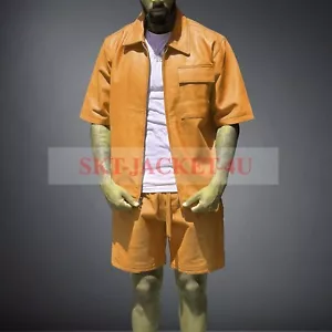 Men's Lambskin Tan Leather Shorts & Shirt Set Summer Sweatsuit Jogging Dress - Picture 1 of 3