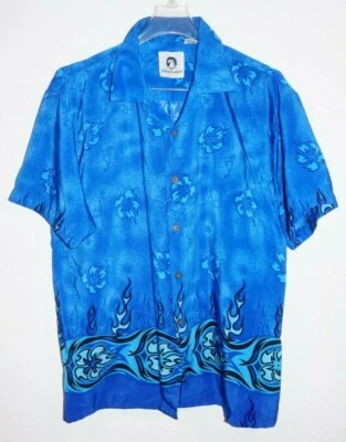 Camisa Top Ocean Current Estampado Tribal Hawaiano Con Botones Talla XL Azul Foto 1 de 4
