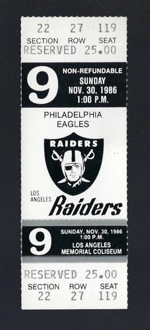 VINTAGE 1986 NFL PHILADELPHIA EAGLES @ OAKLAND RAIDERS FULL FOOTBALL TICKET Cover