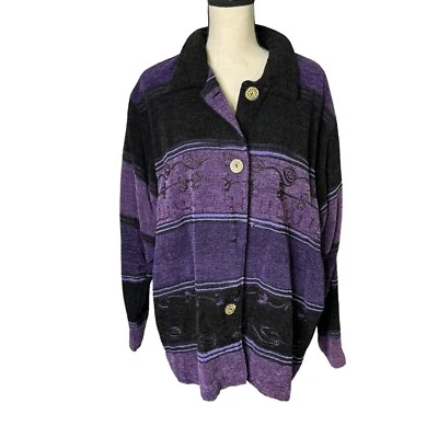 Chaqueta Coldwater Creek Mujer 2X Púrpura Negra Rayas Abotonadas Manga Larga LEER Foto 1 de 4