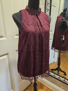 Bcx Top ärmellos Damen L Bluse wunderschön Spitze weinrot Kronenausschnitt - Bild 1 von 6