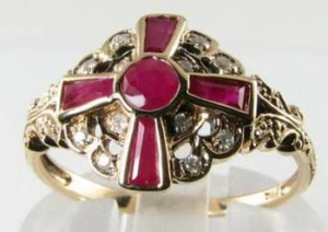 DIVINE 9K 9CT GOLD INDIAN RUBY DIAMOND ART DECO INS CLUSTER RING FREE RESIZE - Picture 1 of 5