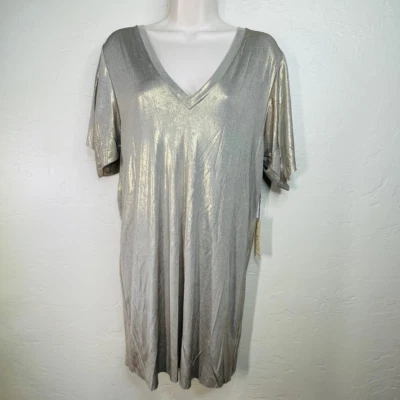 RN Convertible Tunic Top Dress Metallic Gold Shiny Short Sleeve V Neck Tie M New - Изображение 1 из 4