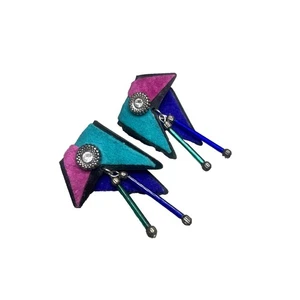VTG 80s Memphis Design Earrings Abstract Pierced Felt Metal Dangle Artisan Teal - Picture 1 of 5