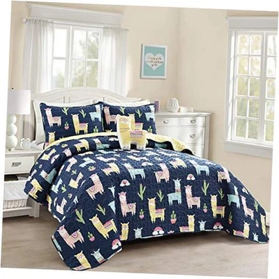  Southwest Llama Cactus Quilt, 3 Piece Set, Full/ Queen & Yellow - Twin Navy - Image 1 of 4