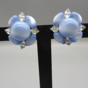 Orecchini Vintage Lisner Clip-On Blu Luna Lucite Strass Grappolo Firmati - Foto 1 di 6