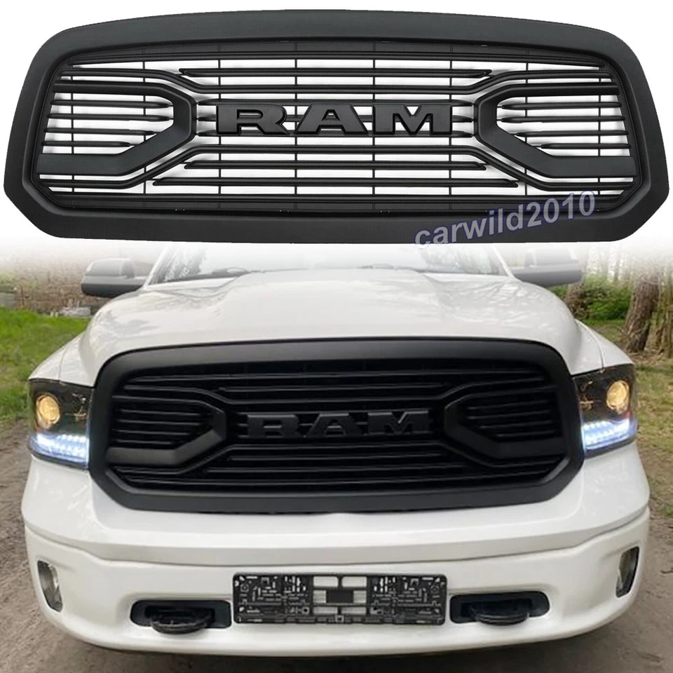 Grelha estilo buzina grande para 2013-2018 Dodge Ram 1500 para-choque com letras preto fosco - Imagem 1 de 4
