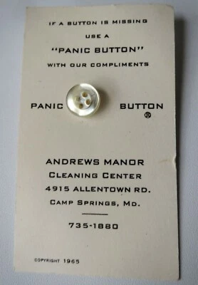 Vintage Emergency No Sew Shirt Button Panic Pinback Dry Cleaners 1965 - Image 1 of 2