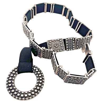 Big Brutalist Woman's Silver Tone Studded Panel Black Stretch Belt 36" Large 3lb - Image 1 of 4