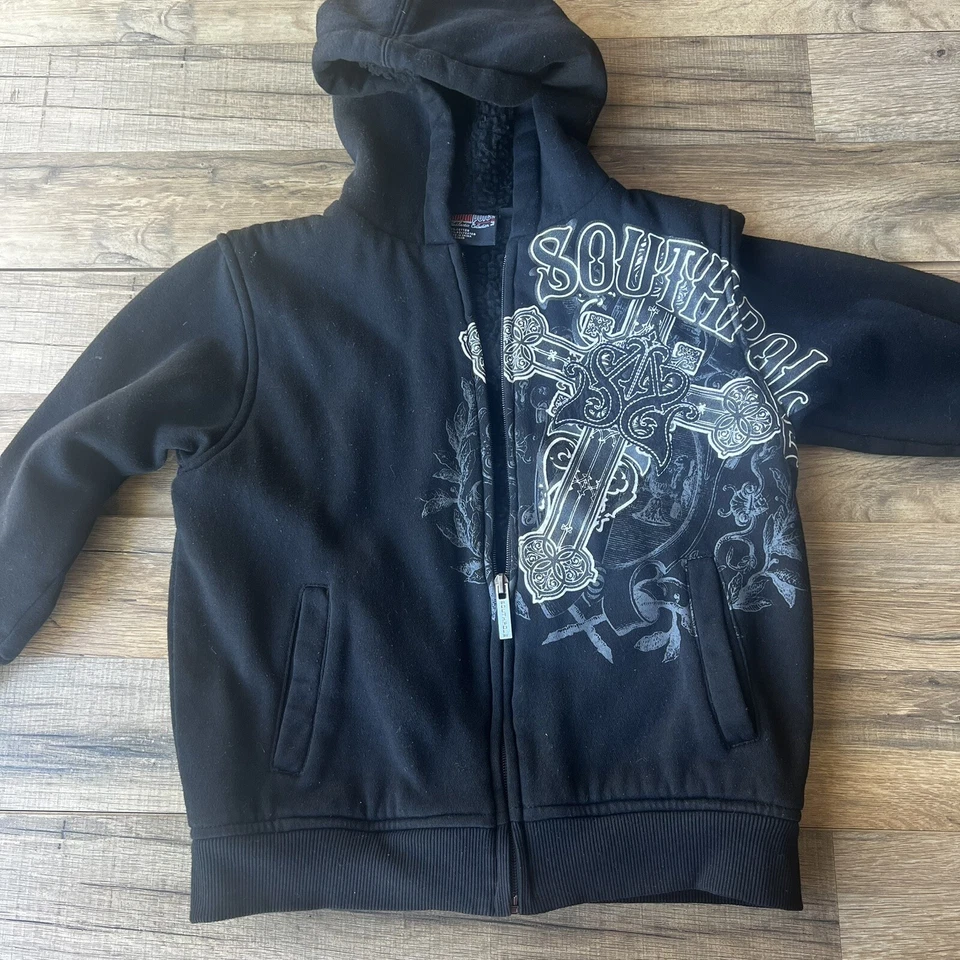 Southpole Y2K 黑色连帽衫全拉链夏尔巴夹克男孩青少年尺寸 M (5) 图形 — 第 1/4 张图片