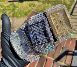 Kristall Eis überflutet Herren Luxus Bling Gold Oberfläche Labor simulierter Bling schwere Uhr - Bild 1 von 15