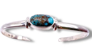 Natural Persian Blue Turquoise Spider Matrix 925 Sterling Silver Cuff Bangle 8" - Picture 1 of 12